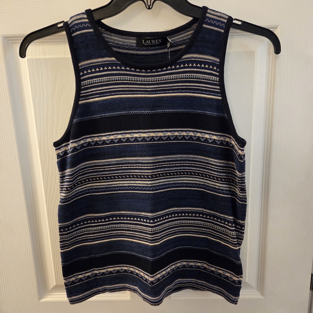 Lauren Ralph Lauren sz M blue striped knit tank top NWT cotton/linen‎ coastal